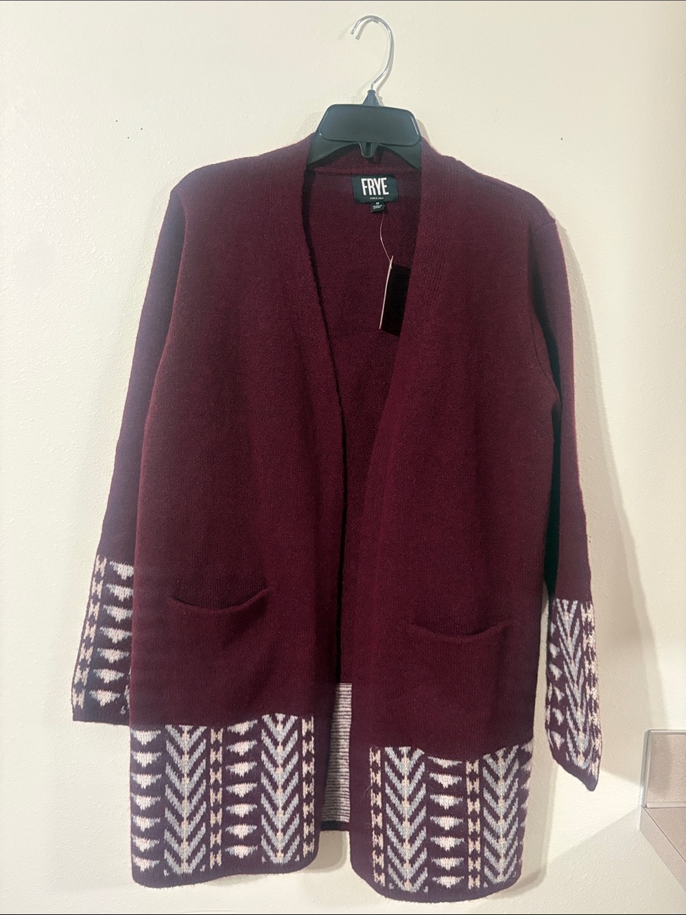 NWT FRYE Dark Red The Cozy Cardigan Border Pattern Open Front Size M